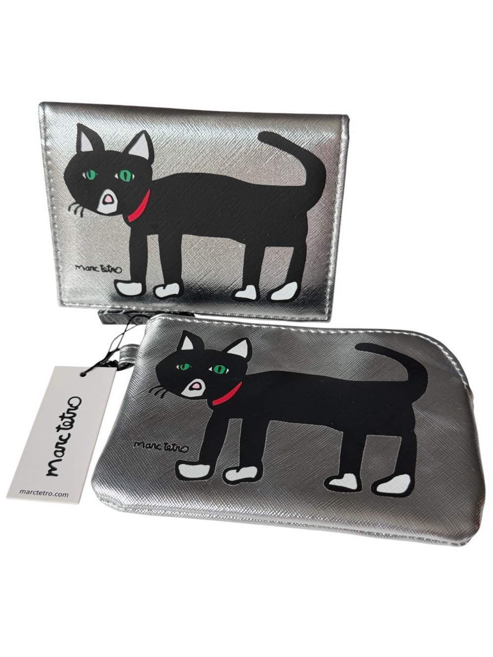 Marc Tetro Cat Travel Set Pouch Passport Holder Metallic Silver